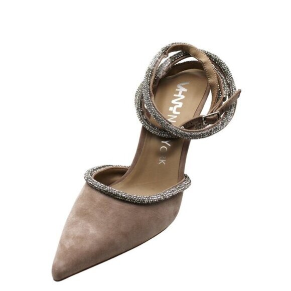 Vhny Womens Claudia Suede Pointed Toe Rhinestone Ankle Strap Wrap Heels Womens - Picture 14 of 16